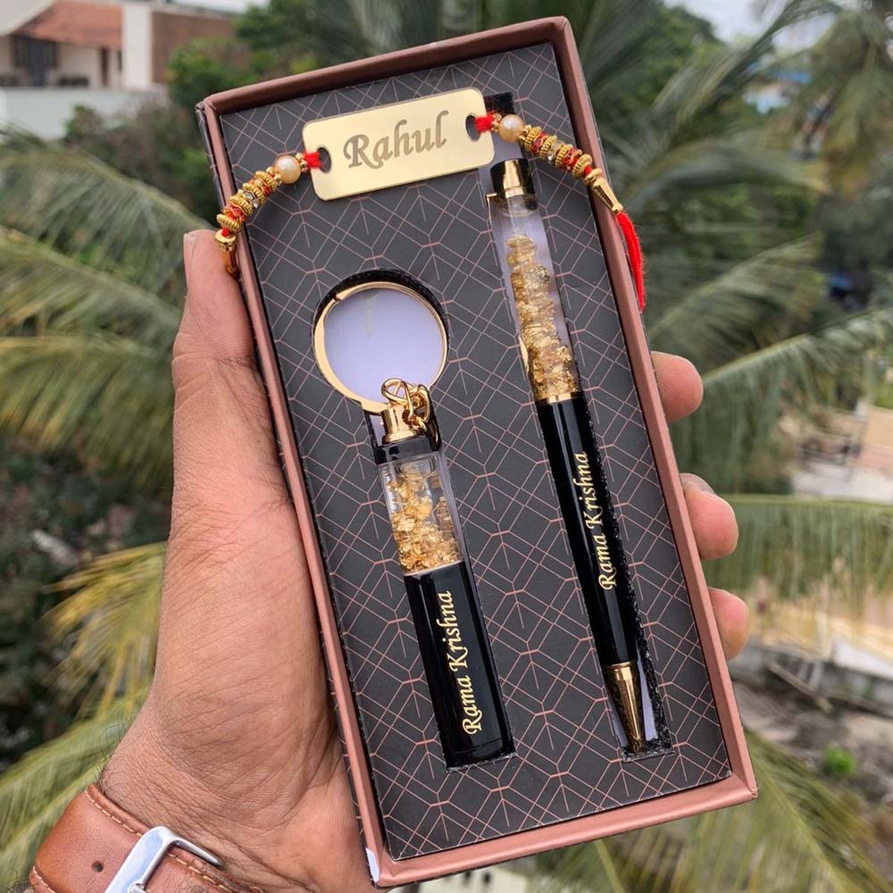 Gold flake Pen + Keyring Set & Metal Rakhi