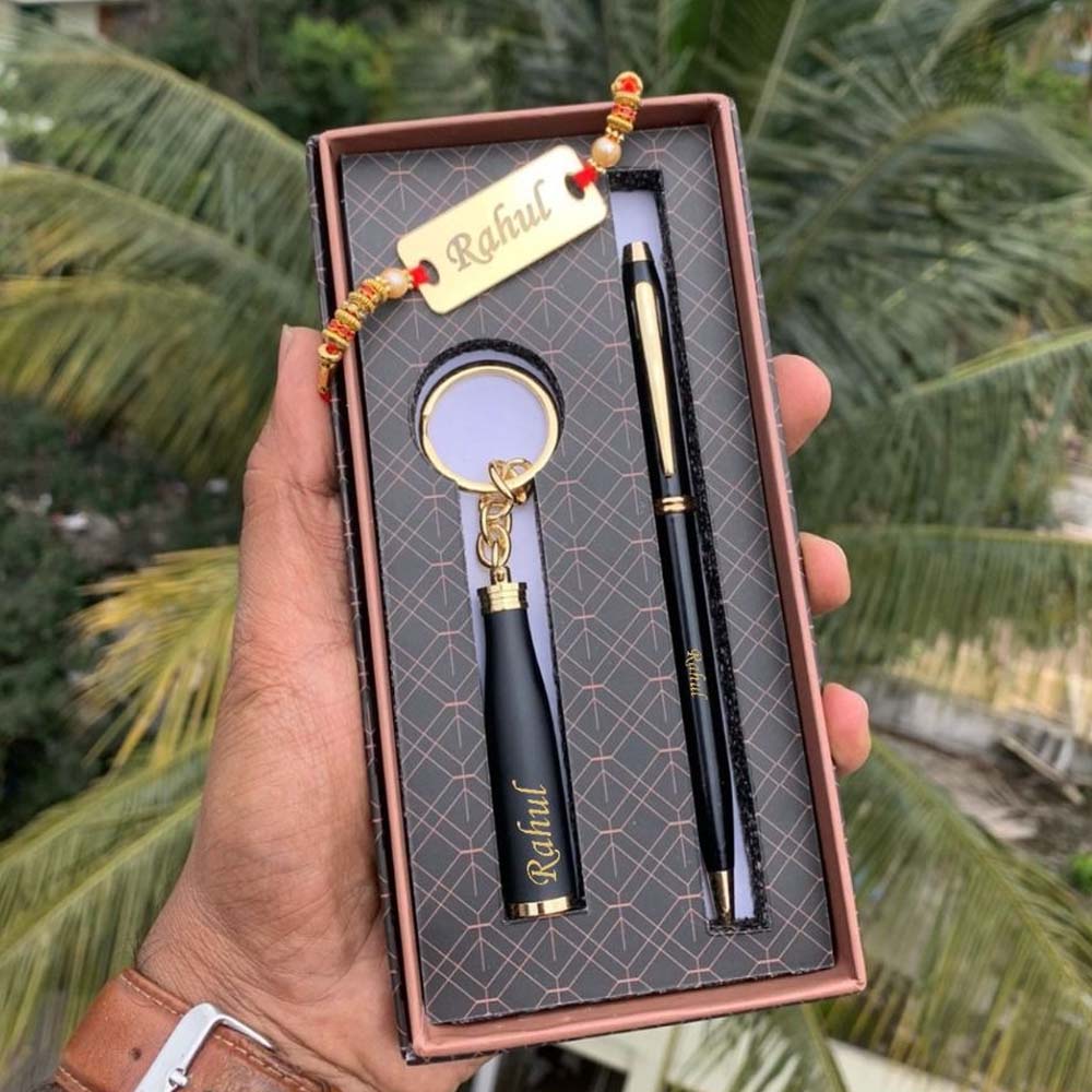 Bottle Shape Keychain & Pen Set With Acrylic Rakhi