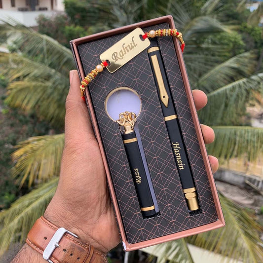 Black Triangle Pen, Keychain &  Acrylic Rakhi set